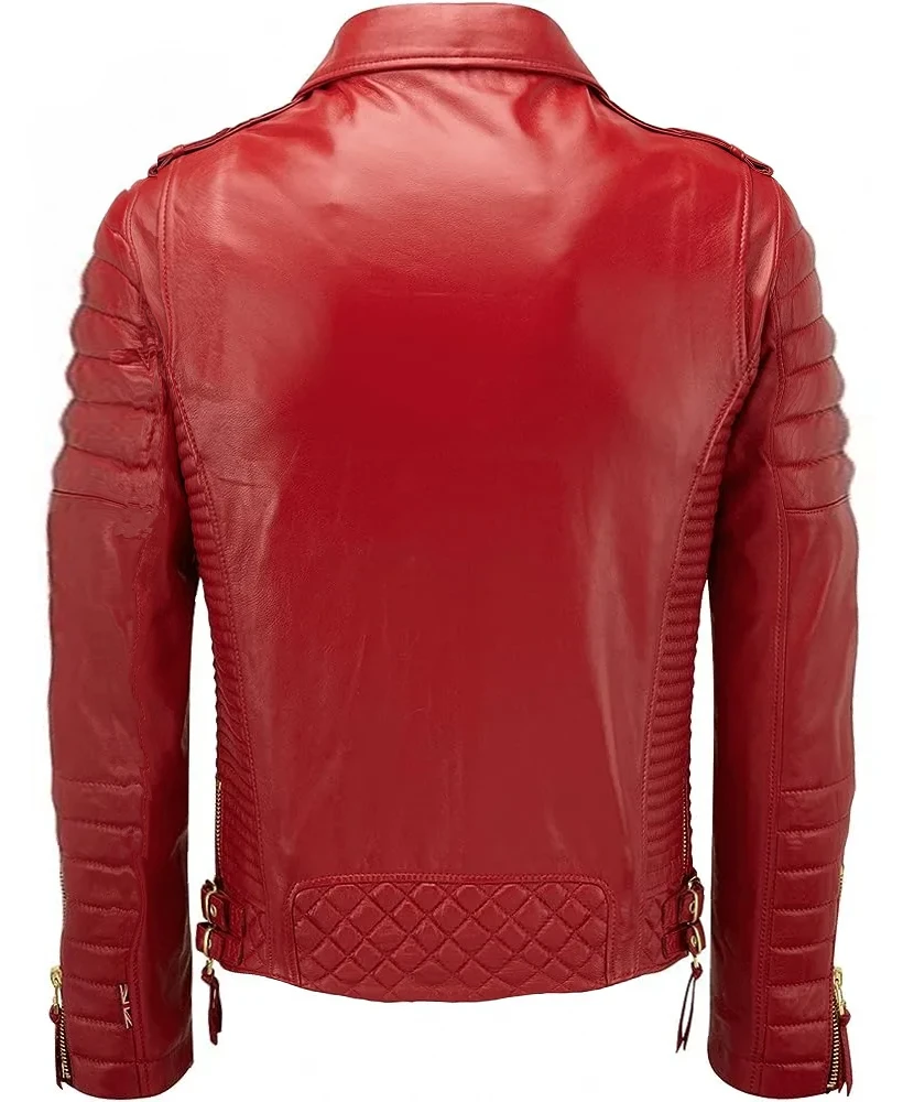 Back of a red jacket with multiple zips