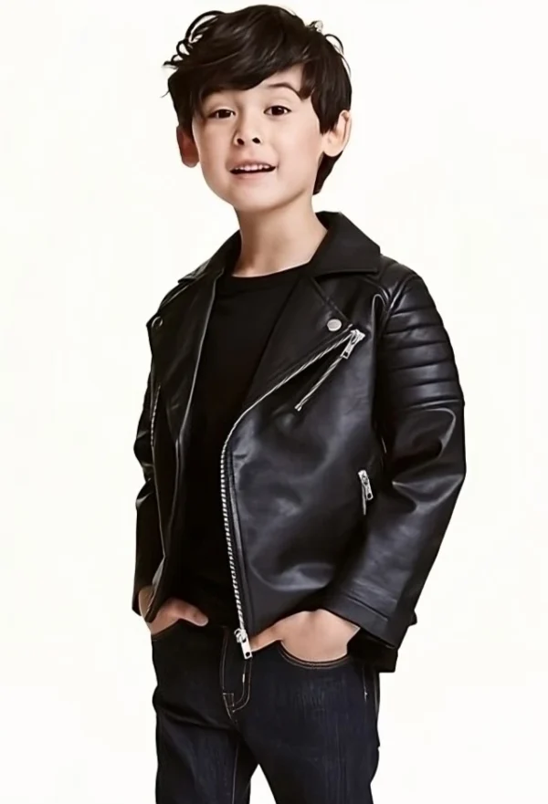 Kid wearing black leather jacket